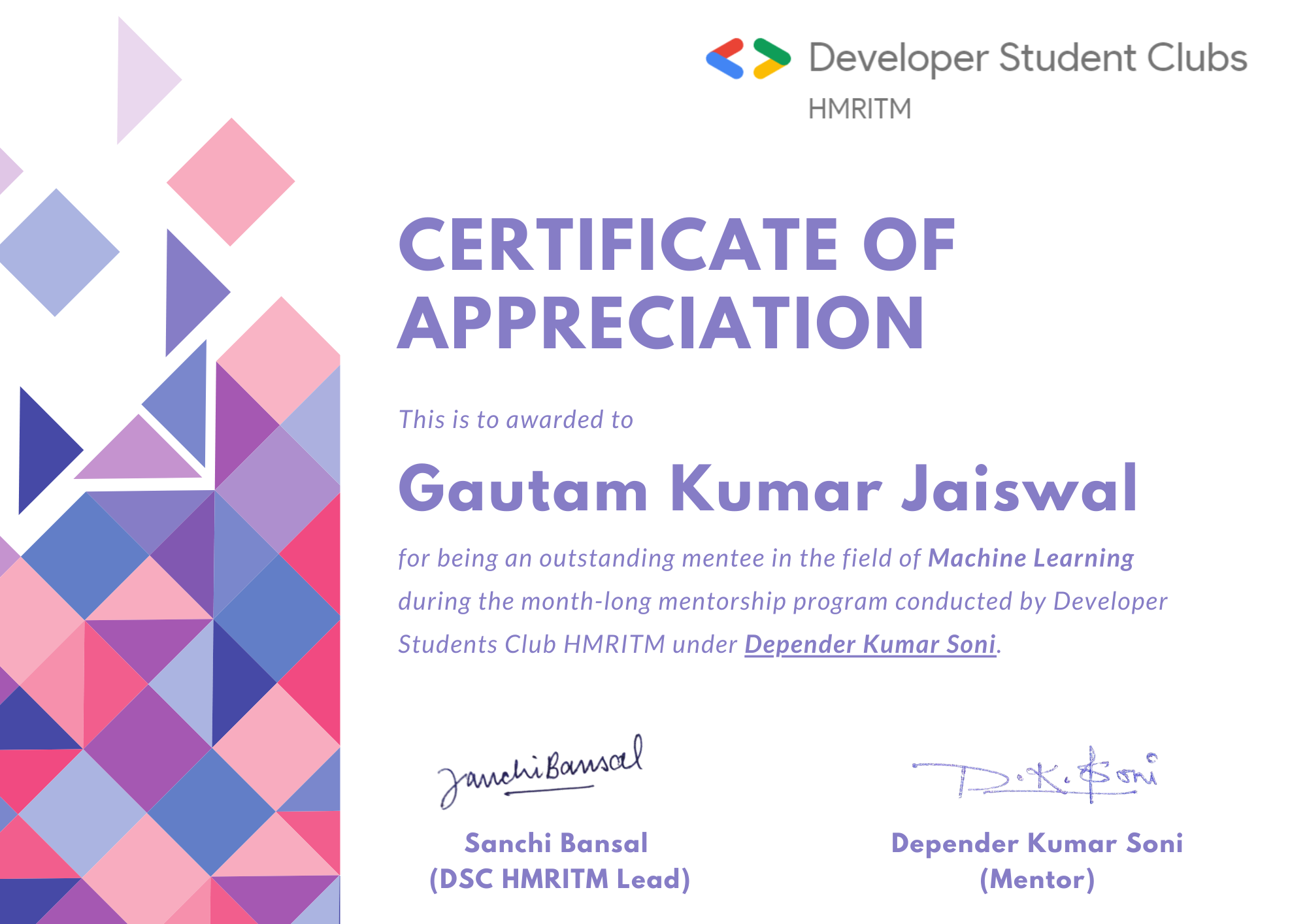 Completed DSC HMRITM Machine Learning Mentee Program 