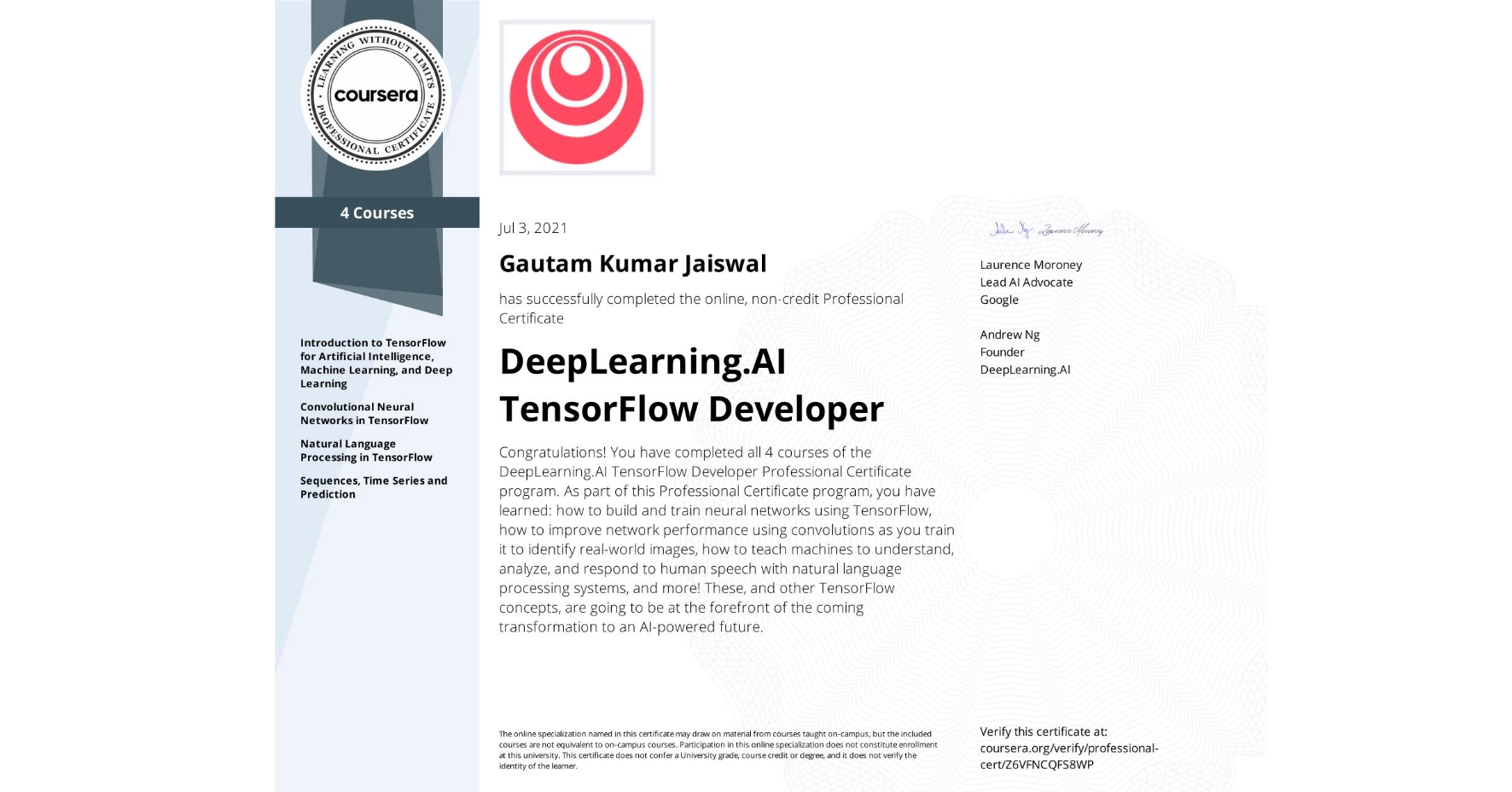 Gautam Kumar Jaiswal | Tensorflow Developer