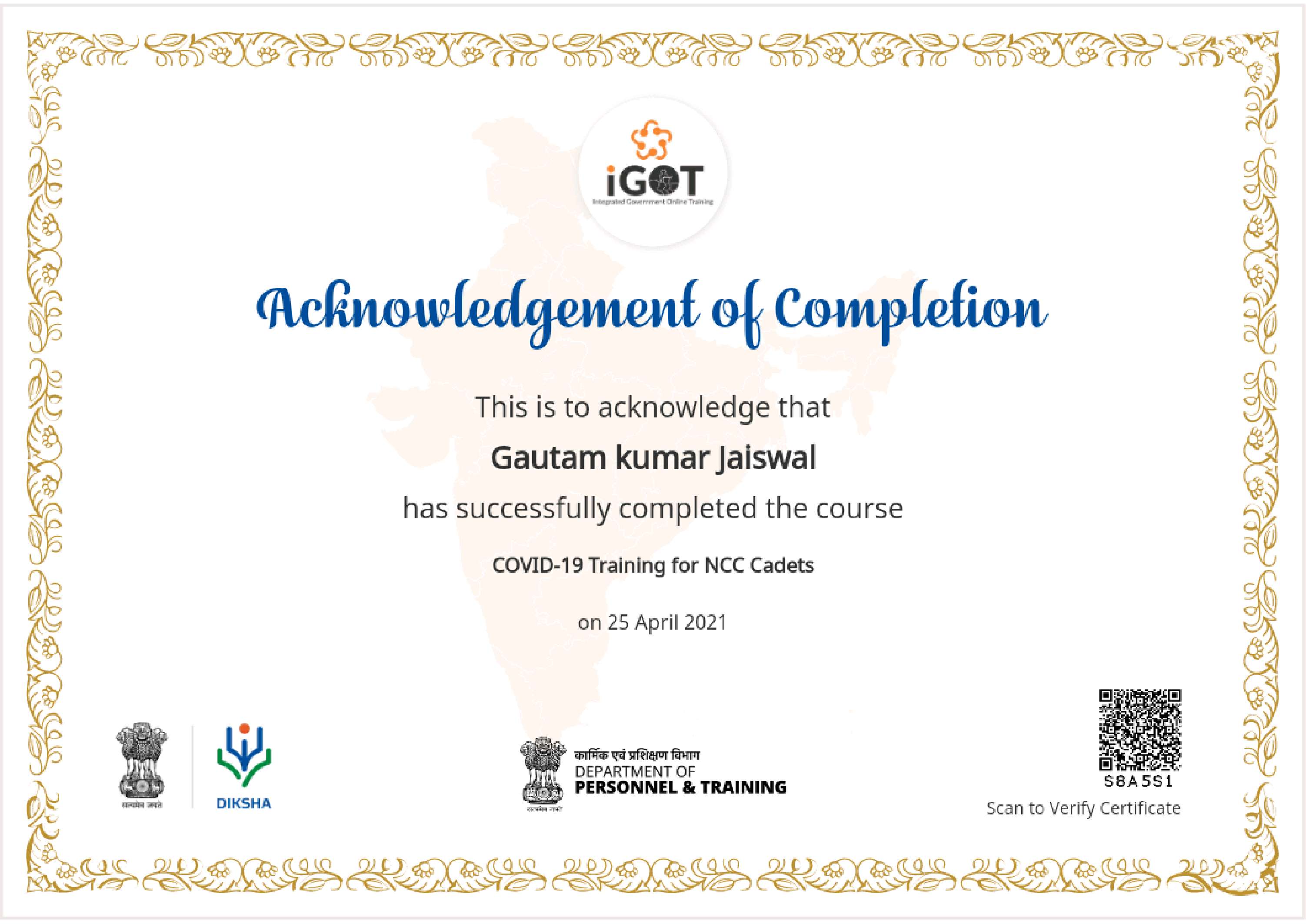Gautam Kumar Jaiswal | NCC Covid-19 training