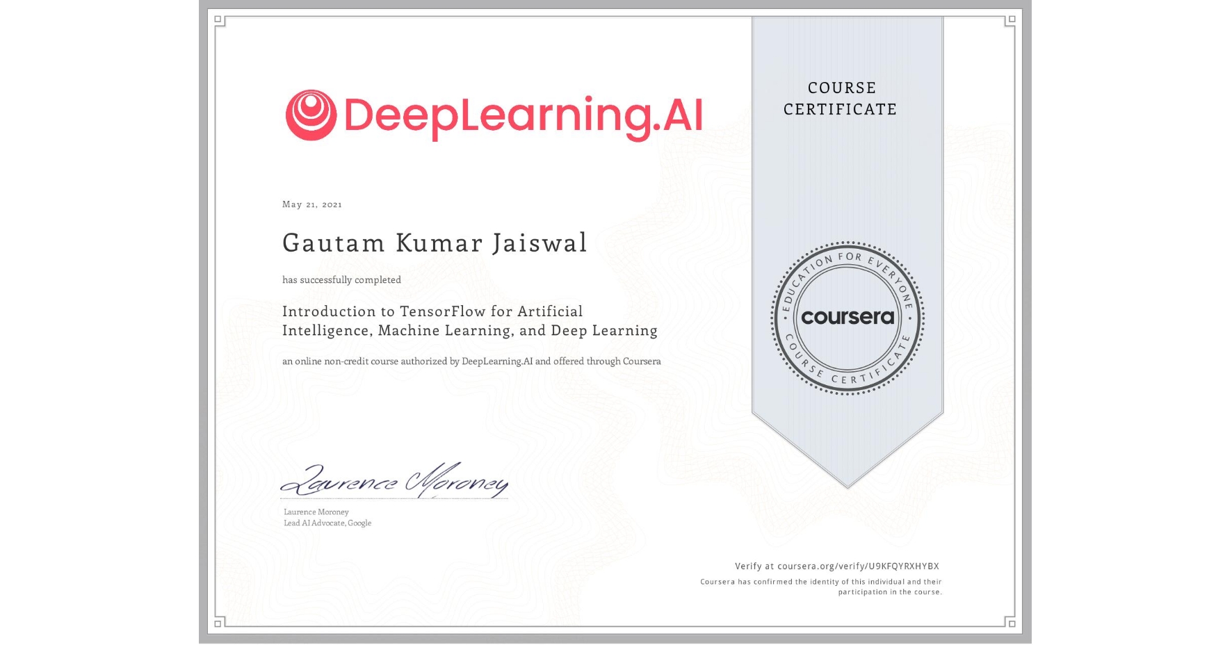 Gautam Kumar Jaiswal | Introduction to TensorFlow for Artificial Intelligence, Machine Learning, and Deep Learning